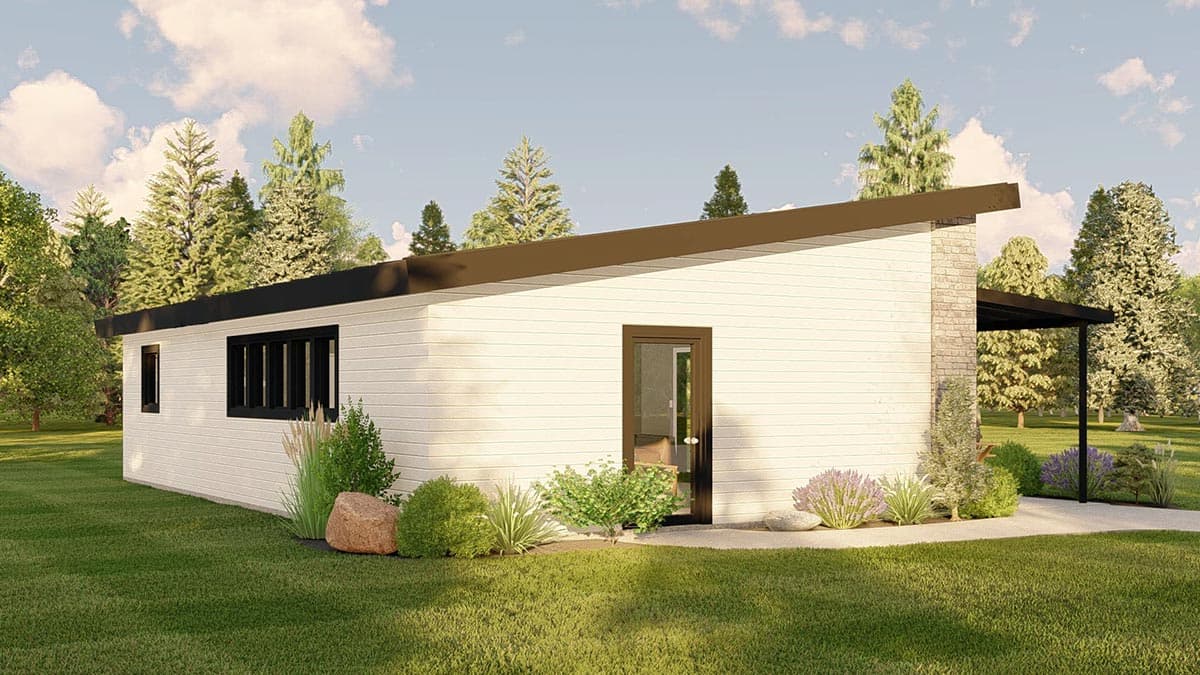 House plan exterior: Modern style, single-story, with a shed roof, horizontal siding, brick chimney, and covered patio.