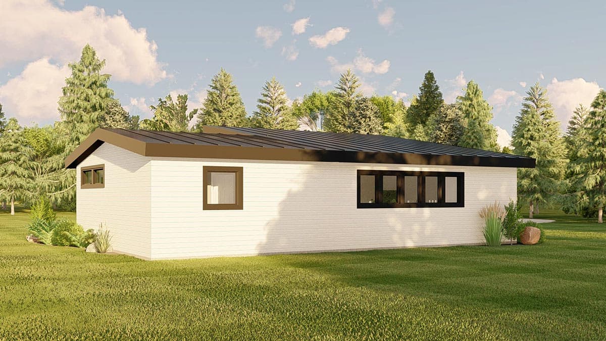 Modern house plan exterior, one story, white horizontal siding, black metal shed roof, and dark-trimmed windows.