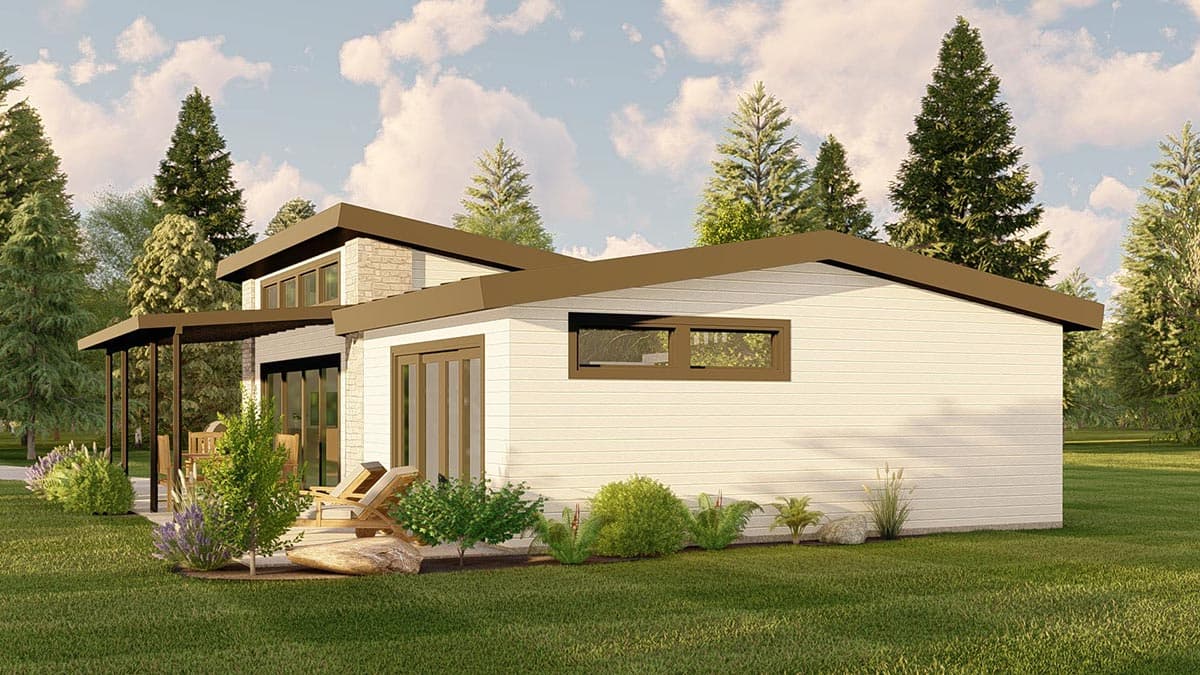 Modern house plan exterior with a single story, covered patio, large windows, and a low-slope roofline.