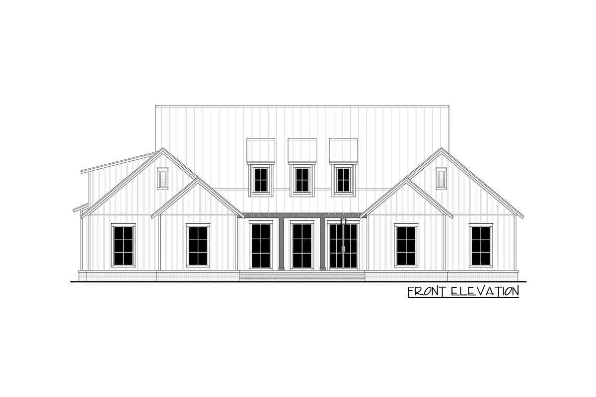 Front elevation drawing of a Modern Farmhouse style house plan with multiple gables, dormers, and large central double doors.