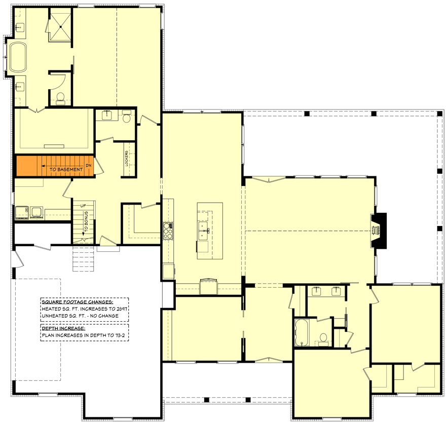 Plan 51908HZ: Three-bed Modern Farmhouse with Home Office and Bonus Room - Floor Plan - Basement Stair Location - Country, Farmhouse, Modern Farmhouse, Southern
