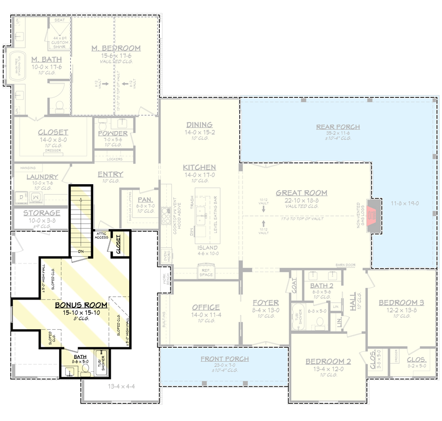 Plan 51908HZ: Three-bed Modern Farmhouse with Home Office and Bonus Room - Floor Plan - Bonus Room - Country, Farmhouse, Modern Farmhouse, Southern