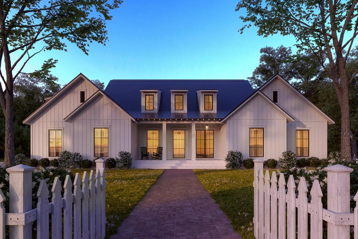 House plan exterior: Modern Farmhouse style, one-story, with gabled wings, dormers, and a central covered porch.