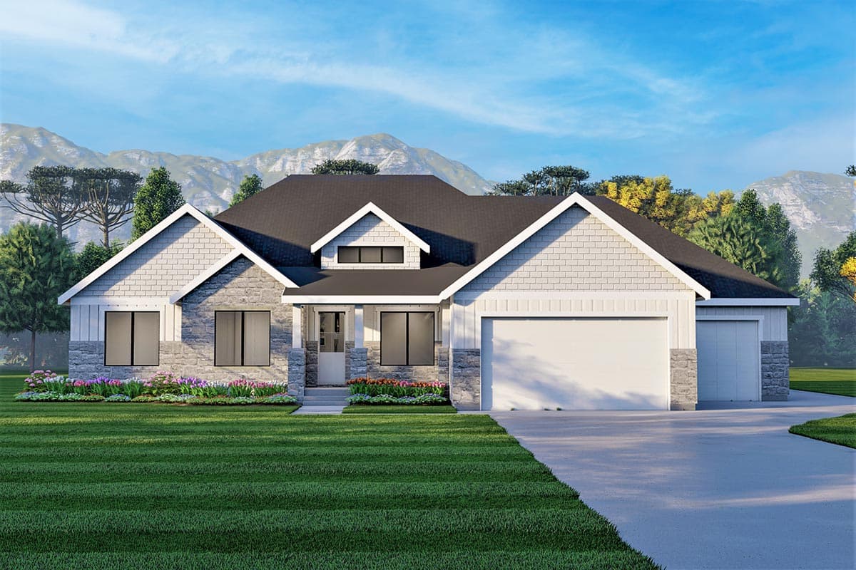 House plan exterior with stone accents, shingle siding, and a two-car garage. Features include a front porch and a gabled roof.