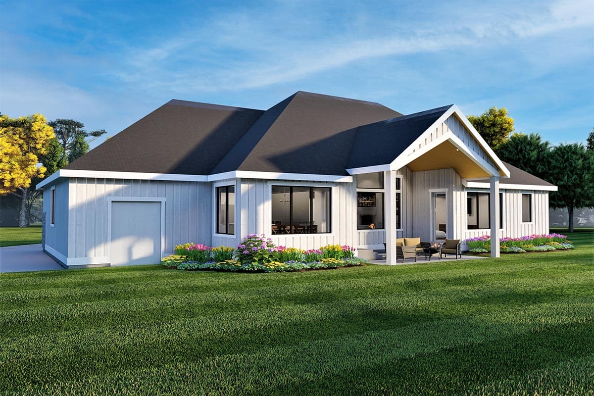 House plan exterior of a one-story Modern Farmhouse with board-and-batten siding, gabled covered porch, and attached garage.