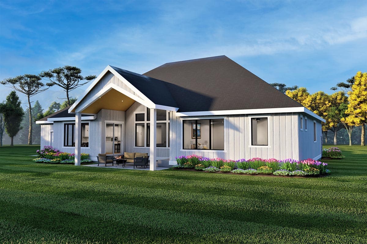 House plan exterior: Modern style, one story, with gable roof, covered patio, and large windows.