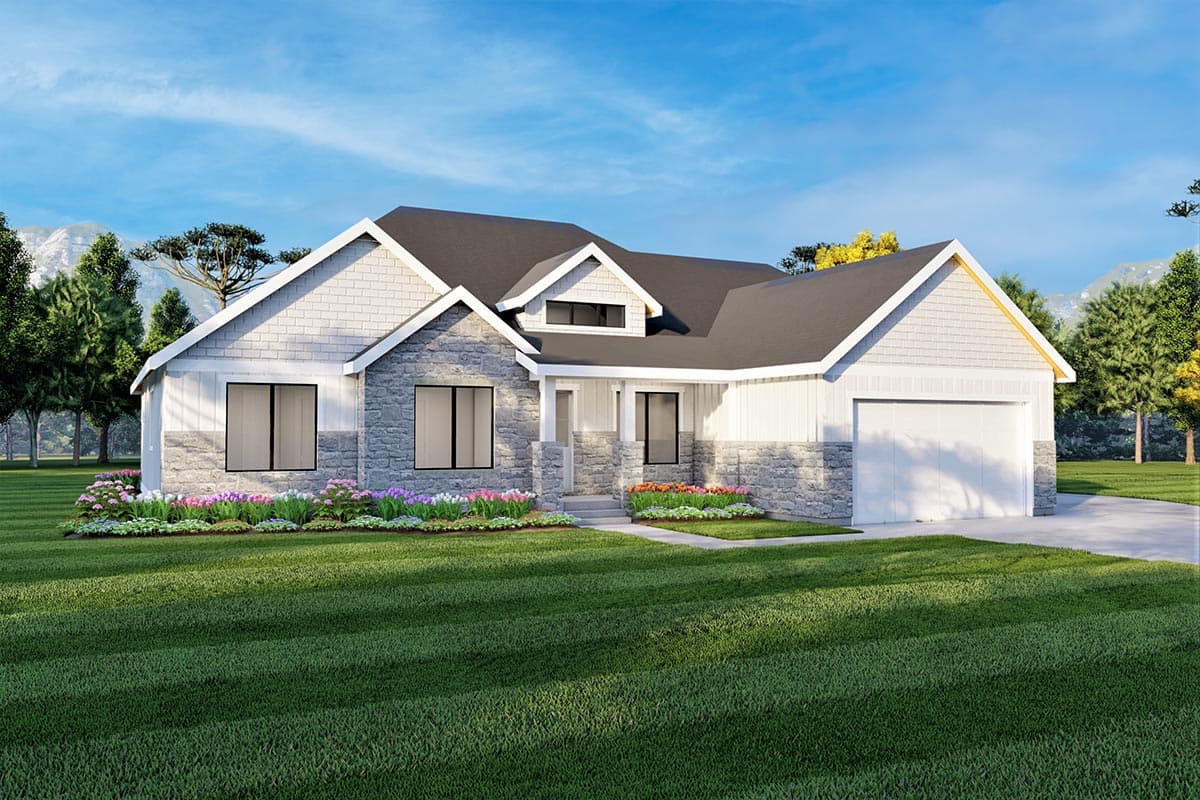 Modern Ranch house plan exterior with stone and siding, gable rooflines, dormer, and attached garage.
