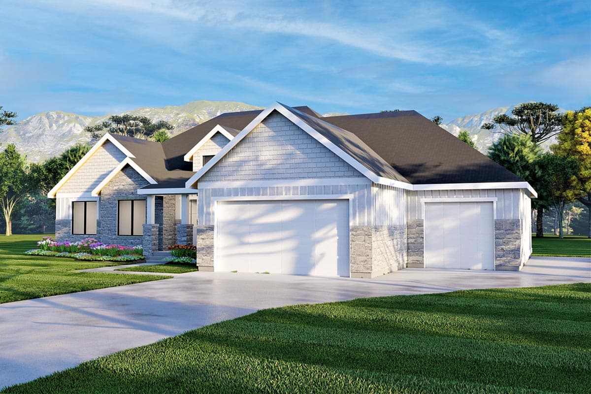 House plan exterior: One-story Modern Farmhouse with stone and siding, prominent gables, and a triple-car garage.