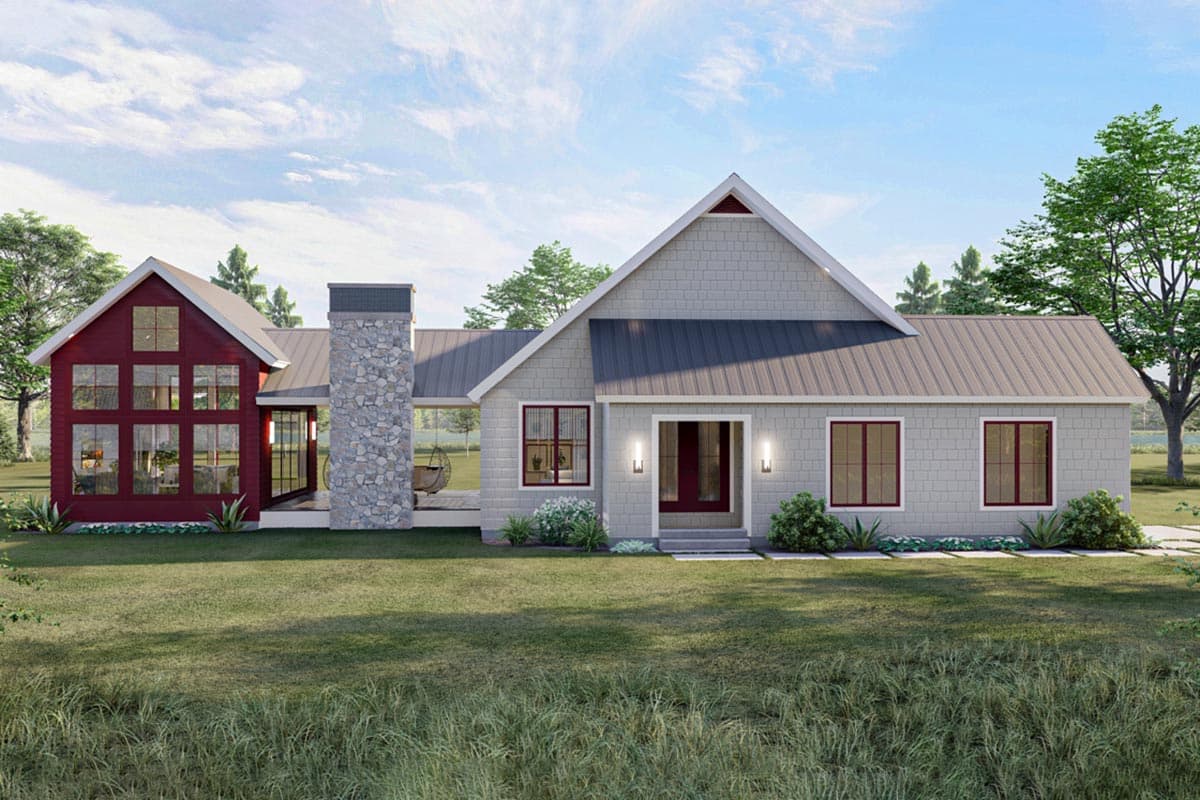House plan exterior. Ranch style with multiple gables, stone chimney, and a mix of shingle and metal roofing. Windows with dark trim.