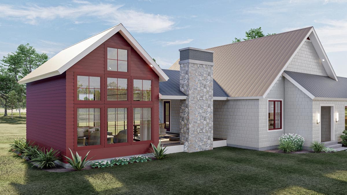House plan exterior featuring a red gabled section with large windows and a gray stone chimney.