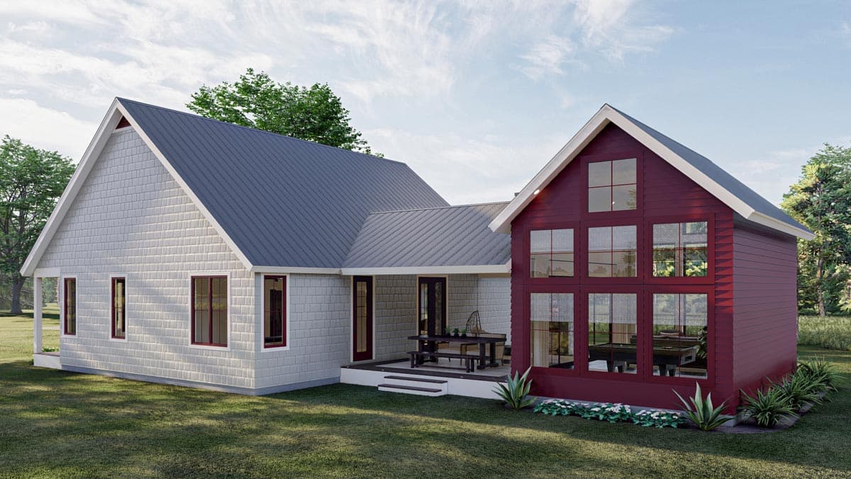 House plan exterior: Modern Farmhouse style with gambrel roof, large windows, and covered porch with seating.