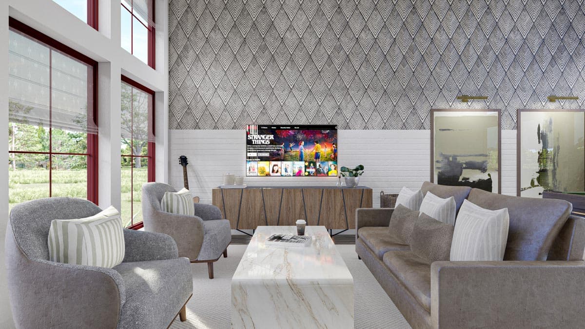 Plan 623095DJ: Contemporary Lake House Plan with Dogtrot Breezeway to Window-Filled Rec Room - 1773 Sq Ft - Image #9 - Cottage, Modern Farmhouse, New American, Vacation