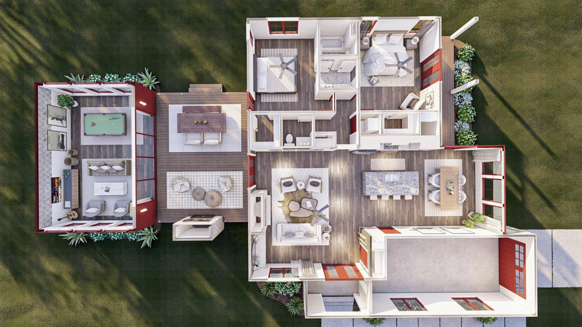 Plan 623095DJ: Contemporary Lake House Plan with Dogtrot Breezeway to Window-Filled Rec Room - 1773 Sq Ft - Image #17 - Cottage, Modern Farmhouse, New American, Vacation