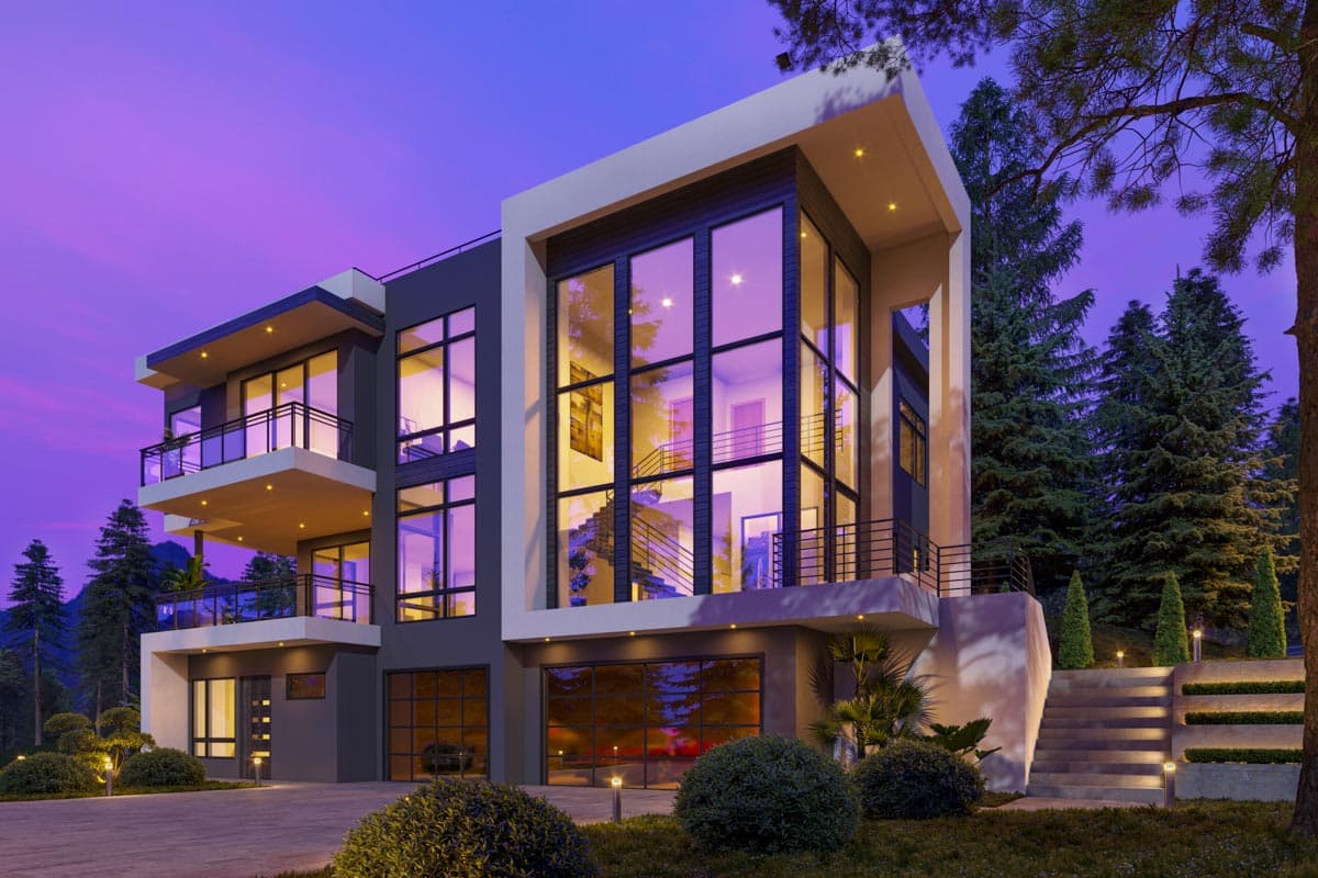 House plan exterior. Contemporary two-story home with expansive windows, cantilevered balconies, and a ground-level garage.