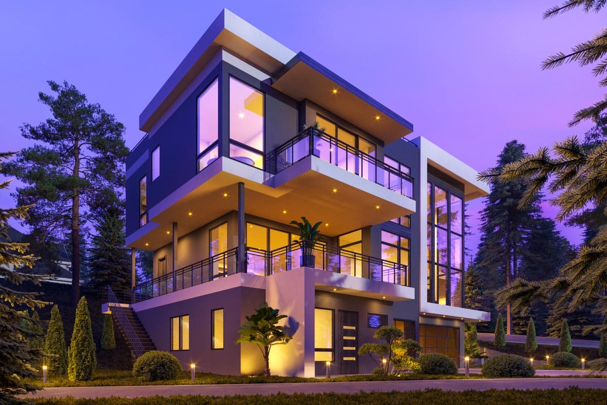 Modern house plan exterior with multiple stories, cantilevered balconies, and expansive glass windows.