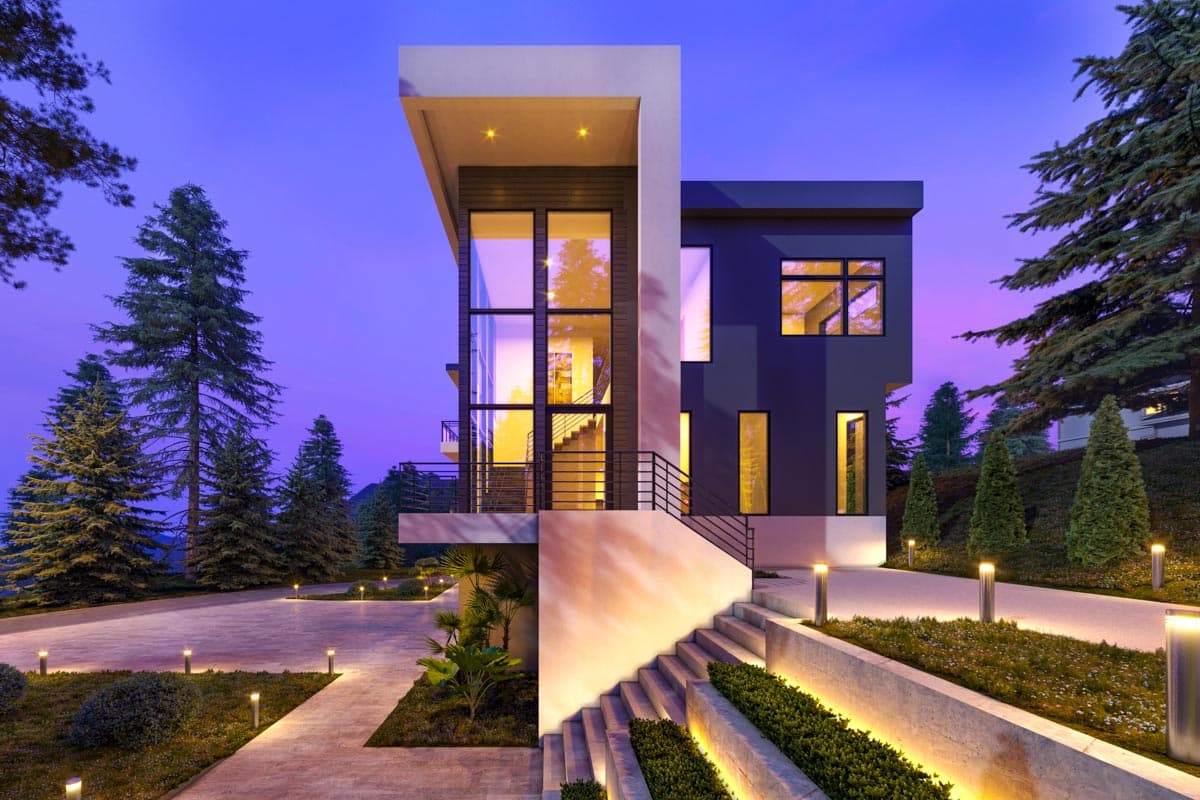 Modern house plan exterior with dramatic cantilever, glass facade, geometric volumes, and exterior staircase.