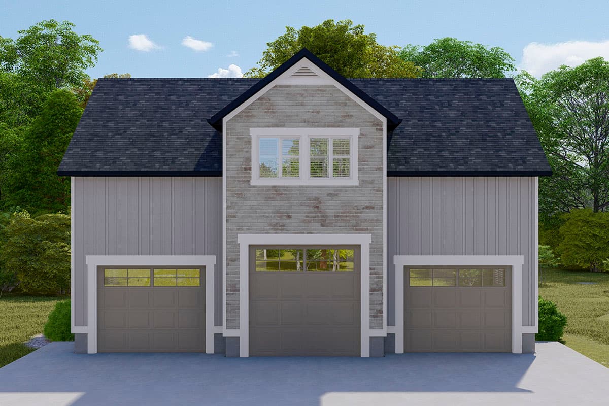 House plan exterior with two-story design. Features include a centered gable with accent window, brick facade, and three-car garage orientation.