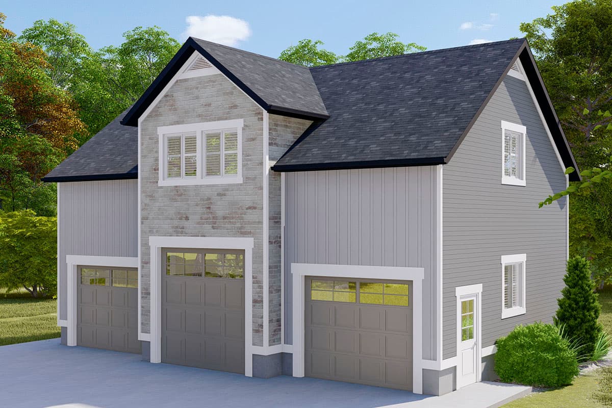 House plan exterior featuring a two-car garage and a single-car garage, with mixed siding and brick facade.