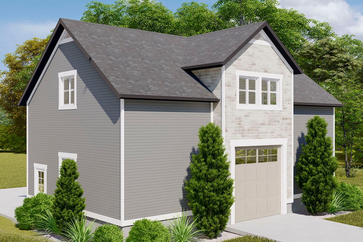 Two-story house plan exterior with horizontal siding, gable roof, front-facing garage, and brick accent.