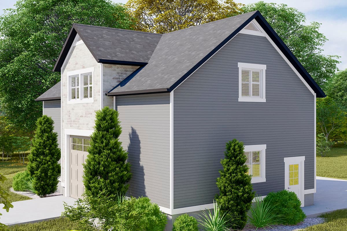 House plan exterior showing a two-story Modern Farmhouse with vinyl siding, a brick accent wall, and a front-facing garage.