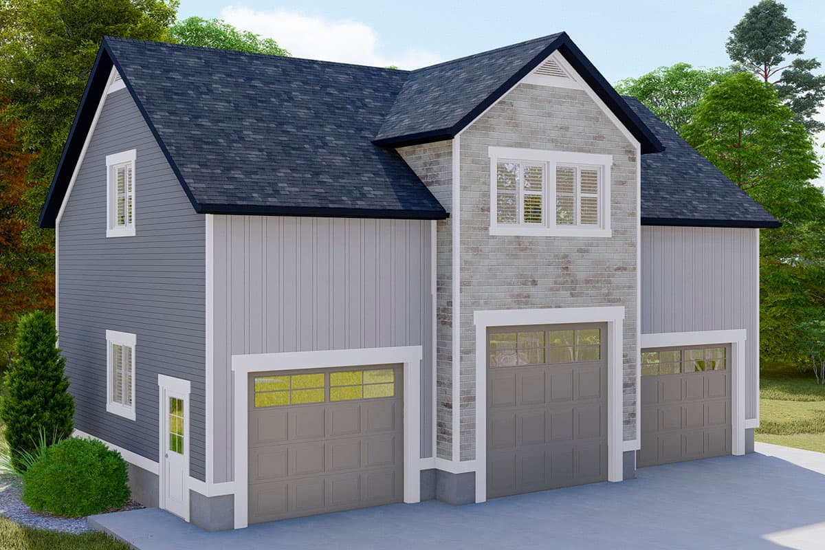 House plan exterior: Modern Farmhouse style with gabled roof, three garage bays, and mixed siding.