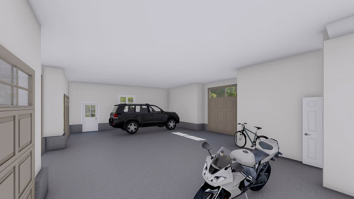 House plan garage interior with two vehicles, a motorcycle, and a bicycle.