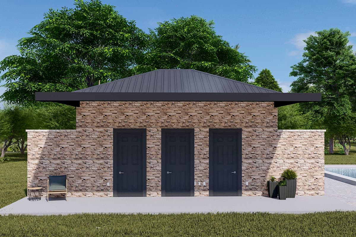 House plan exterior with stone facade, three doors, and a standing seam metal hip roof.