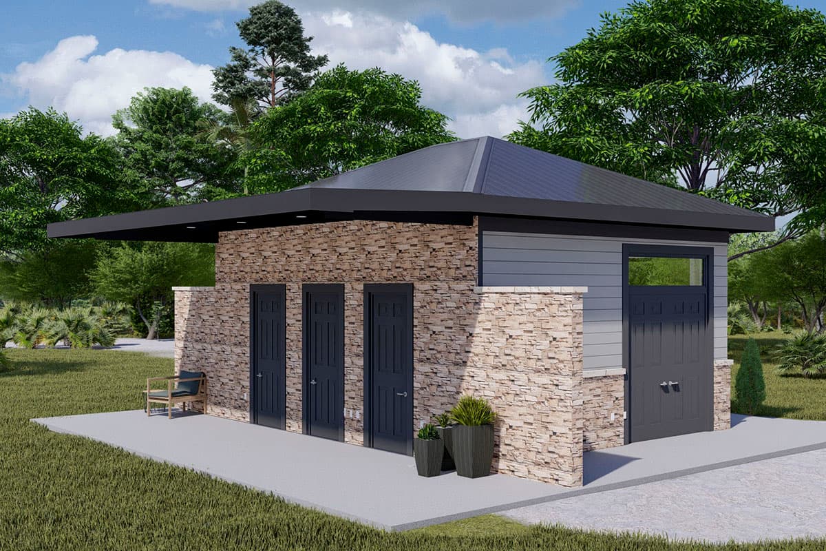 Modern house plan exterior with stone accents, three doors, and a single-car garage door.
