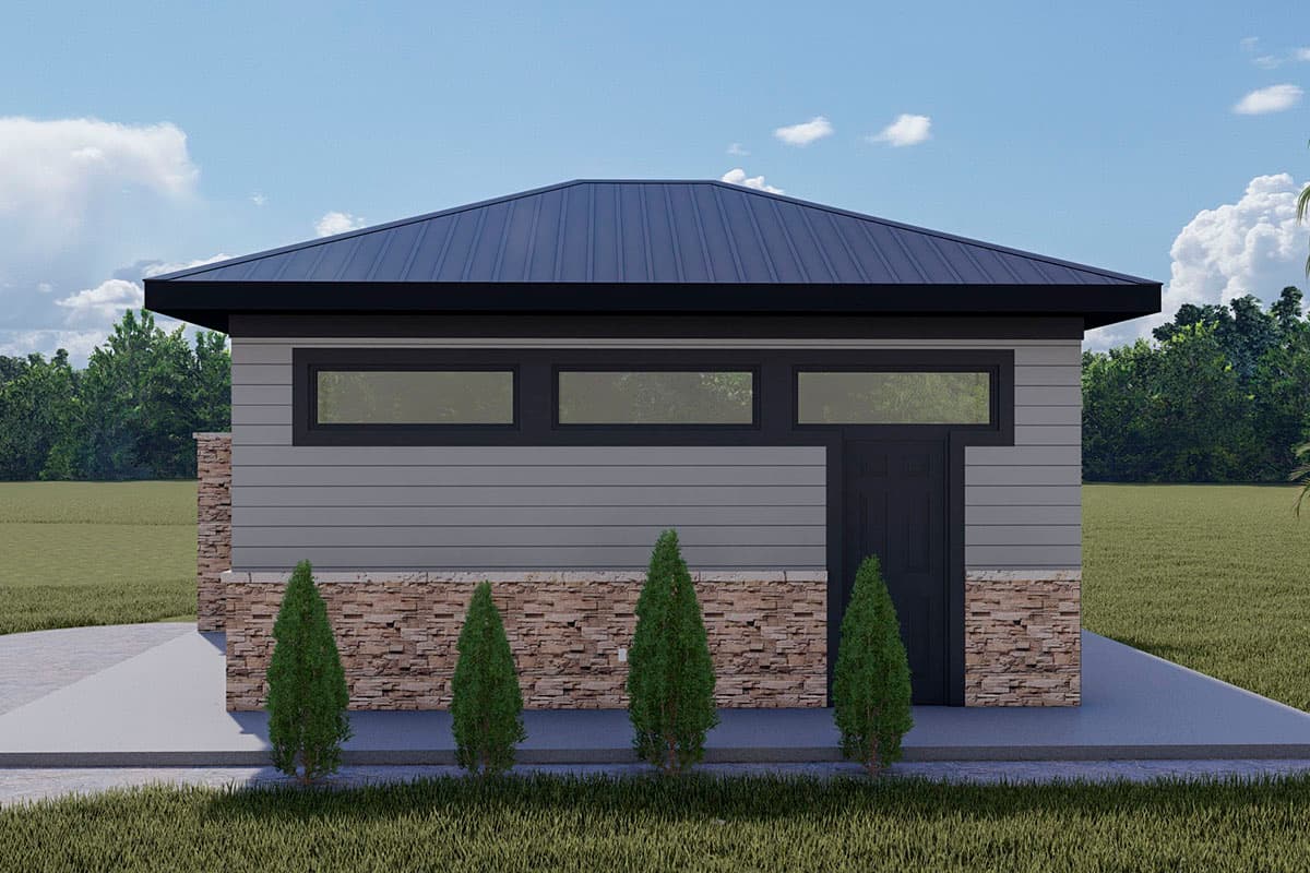 Plan 61280UT: Hip Roof Pool House with Stone and Clapboard Exterior - Image #7