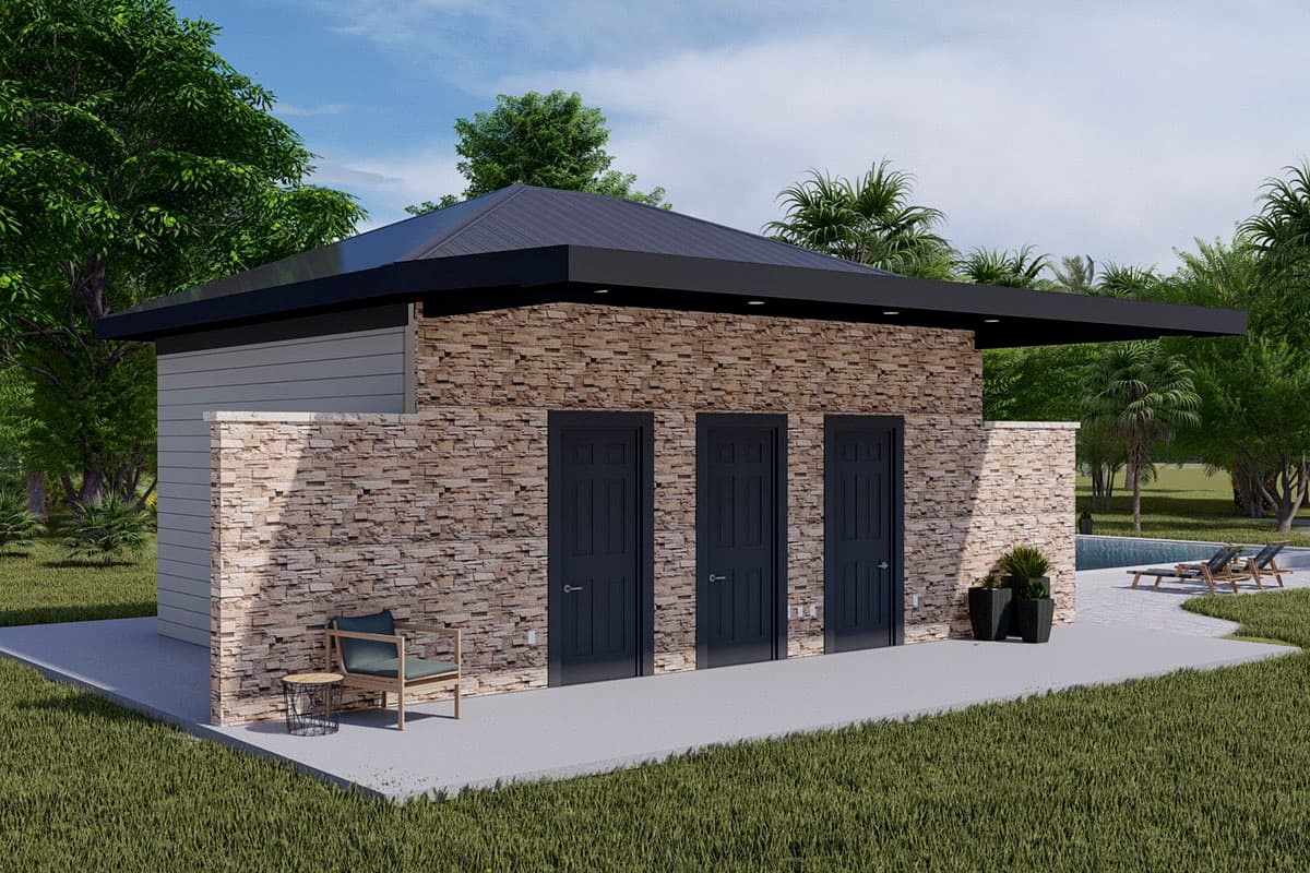 Plan 61280UT: Hip Roof Pool House with Stone and Clapboard Exterior - Image #9