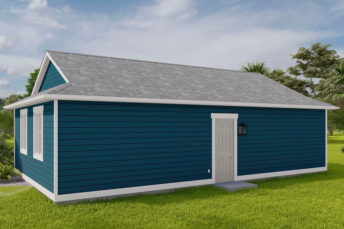 House plan exterior: one-story dwelling with dark blue horizontal siding, gable end, white trim, and a single front door.
