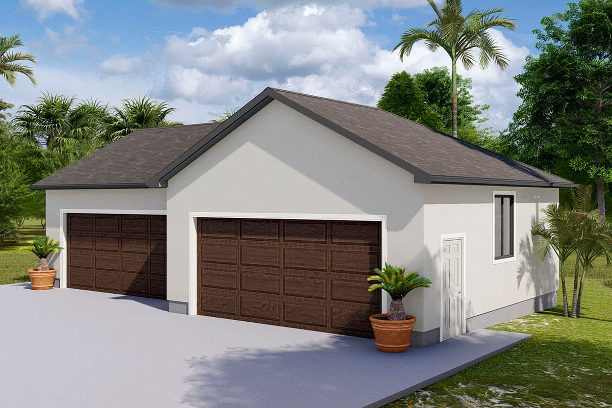 House plan exterior of a one-story building with a two-car garage, a side door, and pitched roof.
