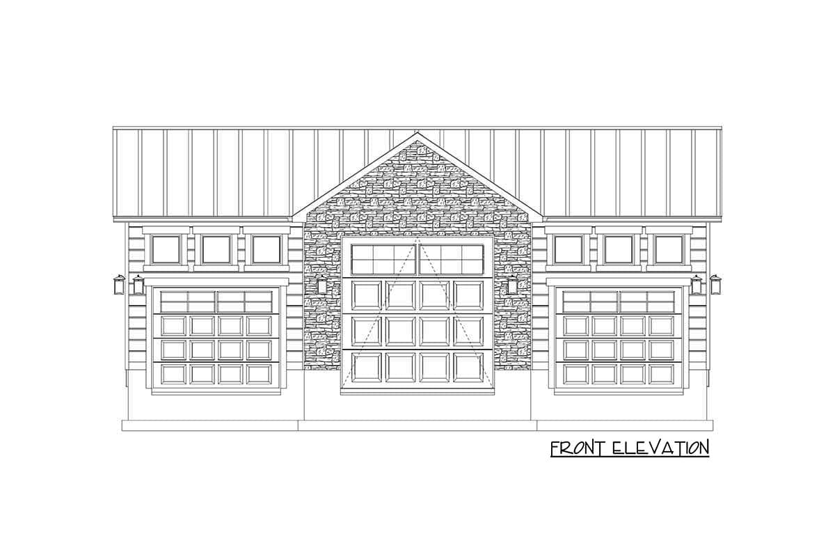 Front elevation of a house plan with a metal roof, stone gable, and three garage doors.