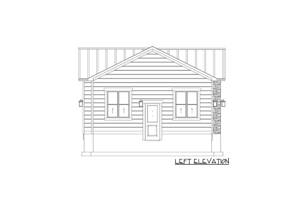 Left elevation drawing of a house plan with horizontal siding, two windows, a central door, and a gabled roof.