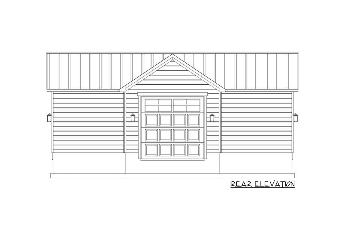 Rear elevation of a house plan showing a one-story structure with horizontal siding, a metal gable roof, and a garage door with windows.