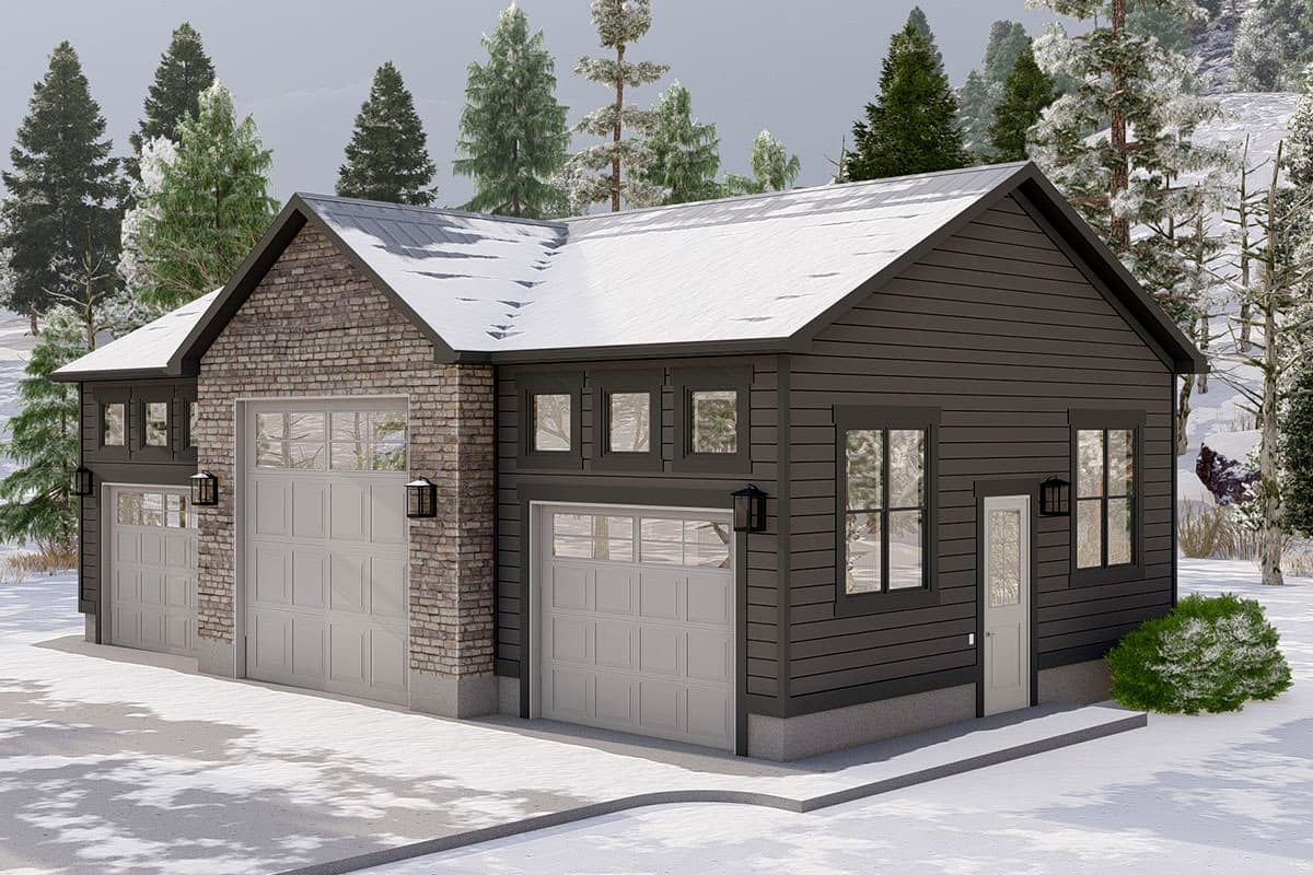 House plan exterior with three garage bays, two with stone accents, and dark horizontal siding.