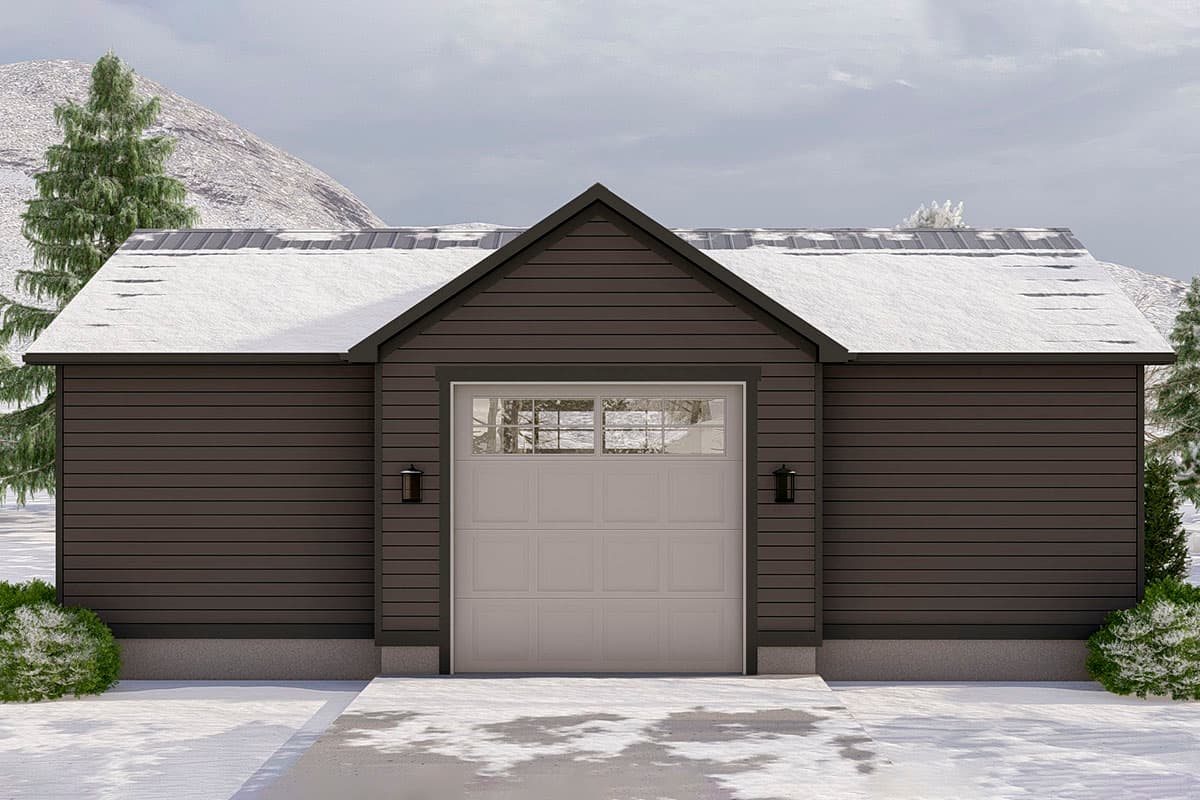 House plan exterior with dark horizontal siding, a central garage door with windows, and a gabled metal roof with snow.