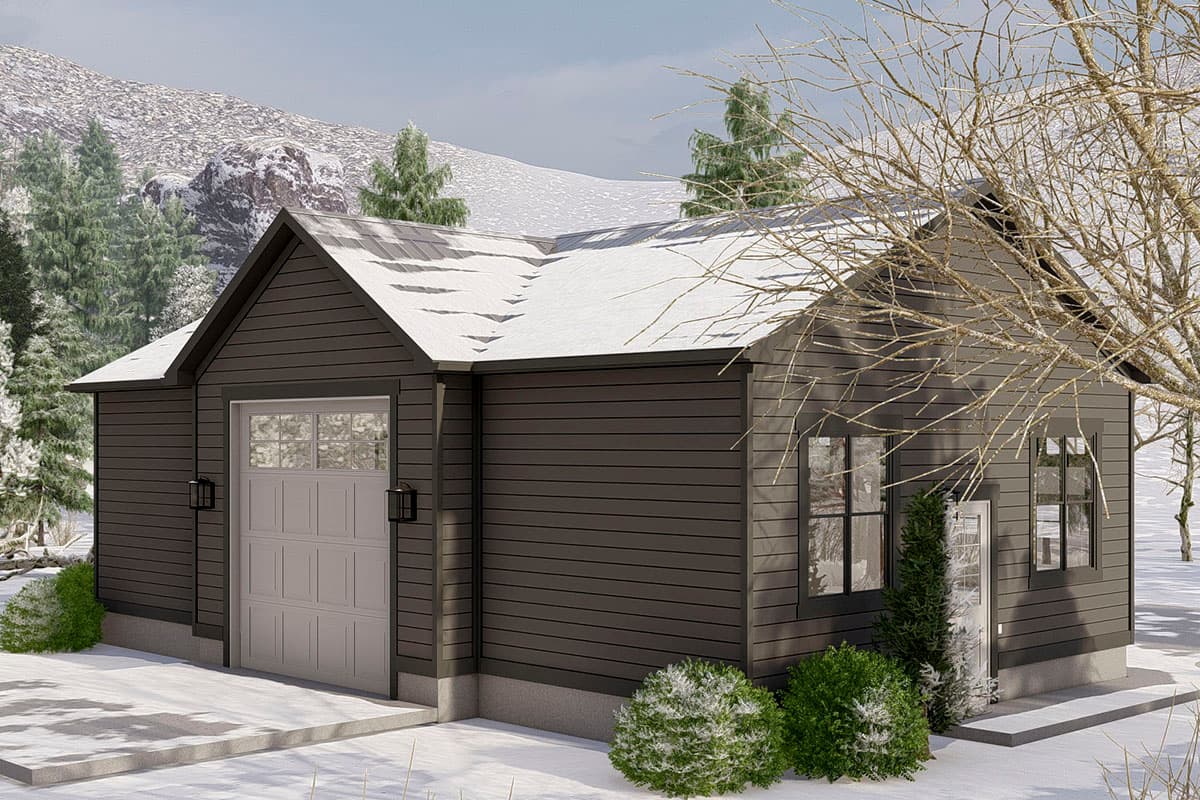 Modern house plan exterior with a single garage door, entry door, two windows, and horizontal siding.