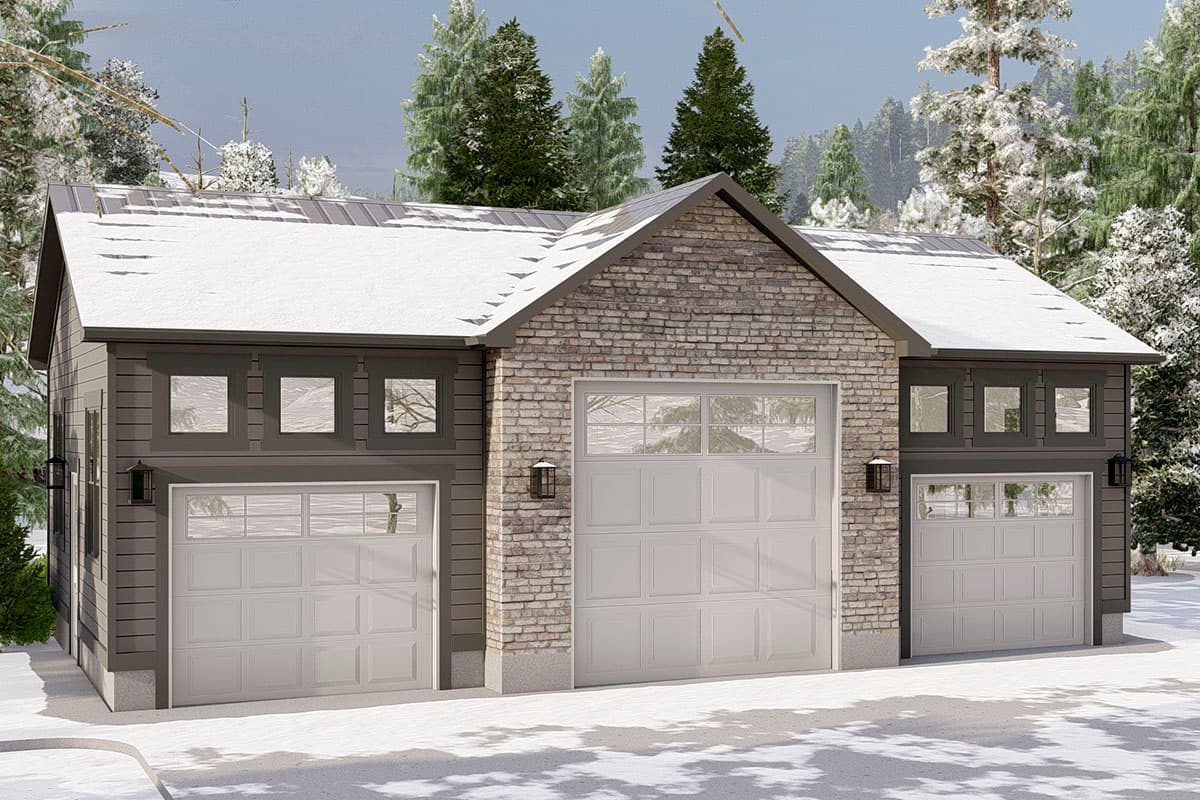 House plan exterior with three garage bays, gabled roof, and stone and siding accents.