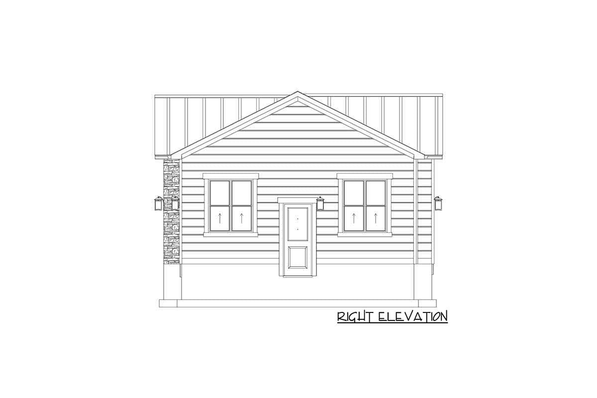 House plan right elevation: Gable roof, horizontal siding, stone accents, central door, two windows, and outdoor lighting.