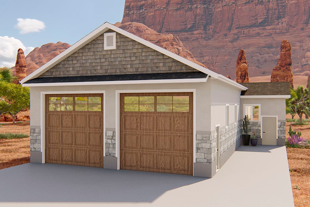 House plan exterior with two-car garage. Features include shingle siding, gabled roof, and stone facade accents on a one-story structure.