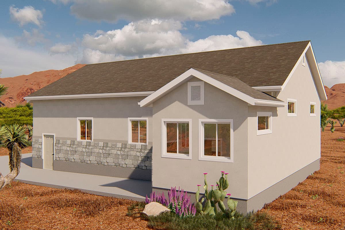 House plan exterior, one-story, stucco finish, stone wainscoting, gable vent, and multiple windows.