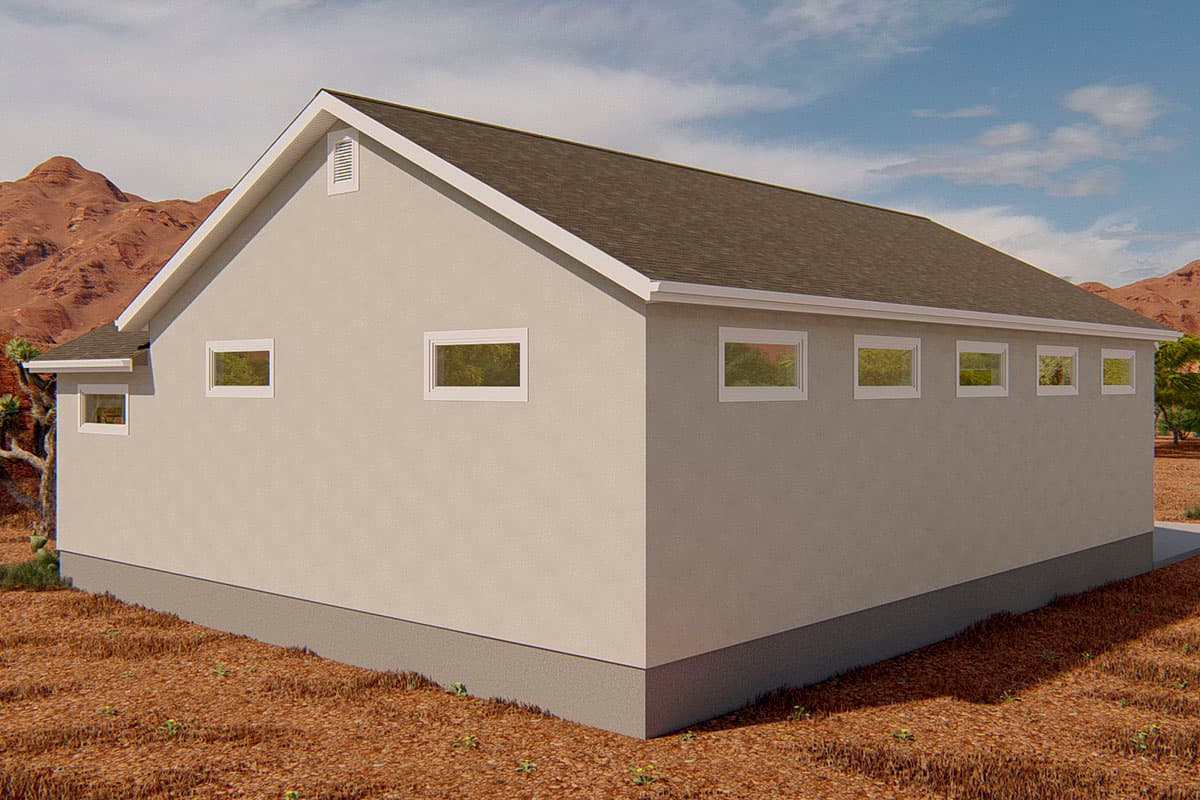 House plan exterior, one story, stucco finish, gabled roof, and multiple horizontal windows.