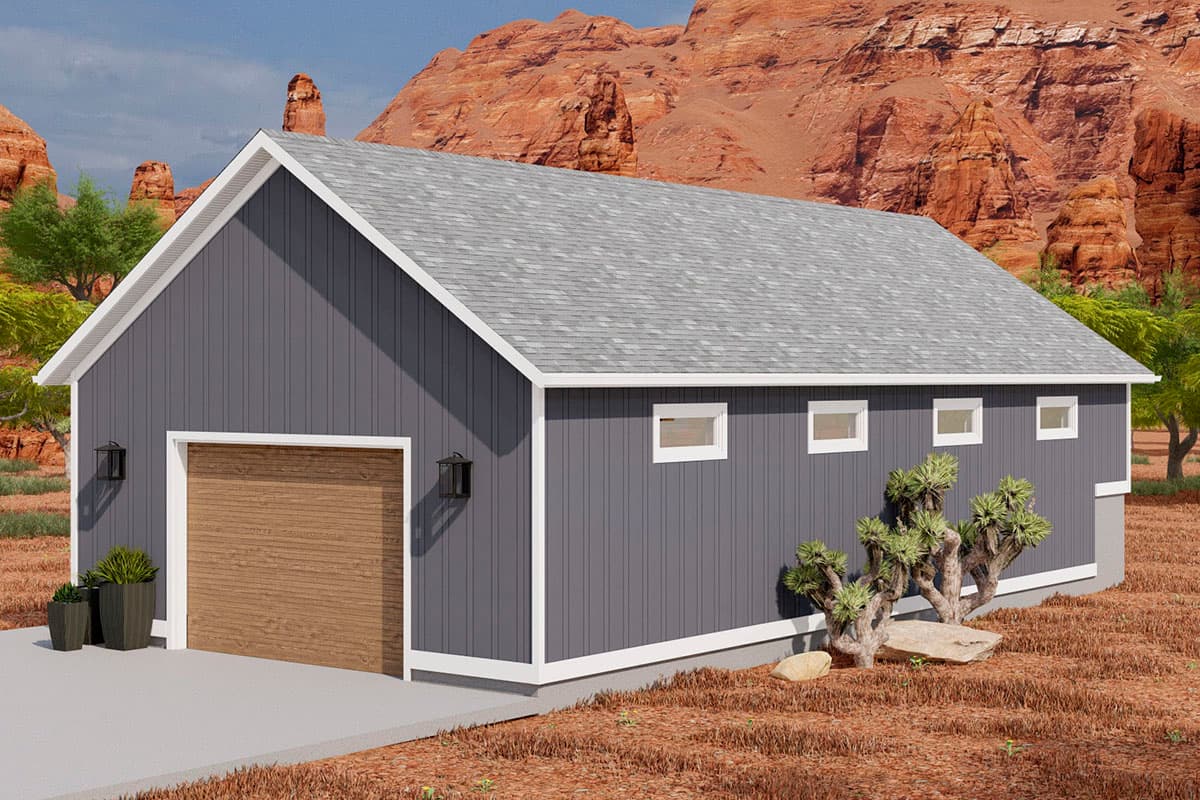 House plan exterior, one story, side-gabled roof, vertical siding, garage door, and multiple horizontal windows.