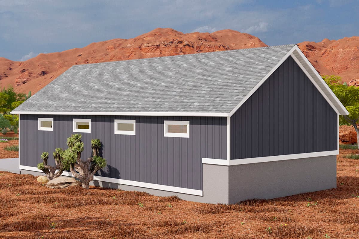 House plan exterior: One-story building with a gray vertical siding, gabled roof, and three horizontal windows.