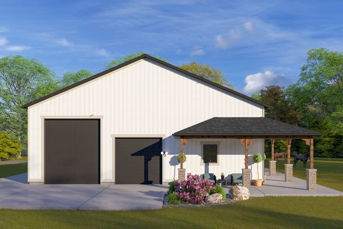 House plan exterior of a white, one-story building with two garage doors, gable roof, and covered porch with stone columns.