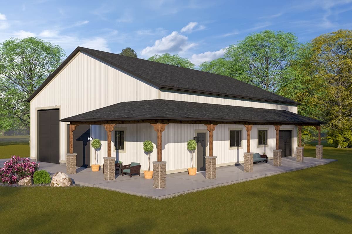 House plan exterior with a metal-sided building, large garage door, and covered porch with stone-clad columns.