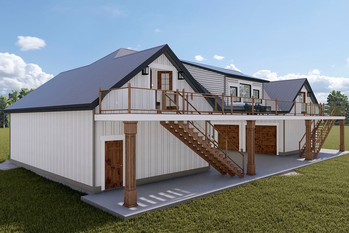 Modern Farmhouse house plan exterior with two-story design, elevated deck, and attached garages.