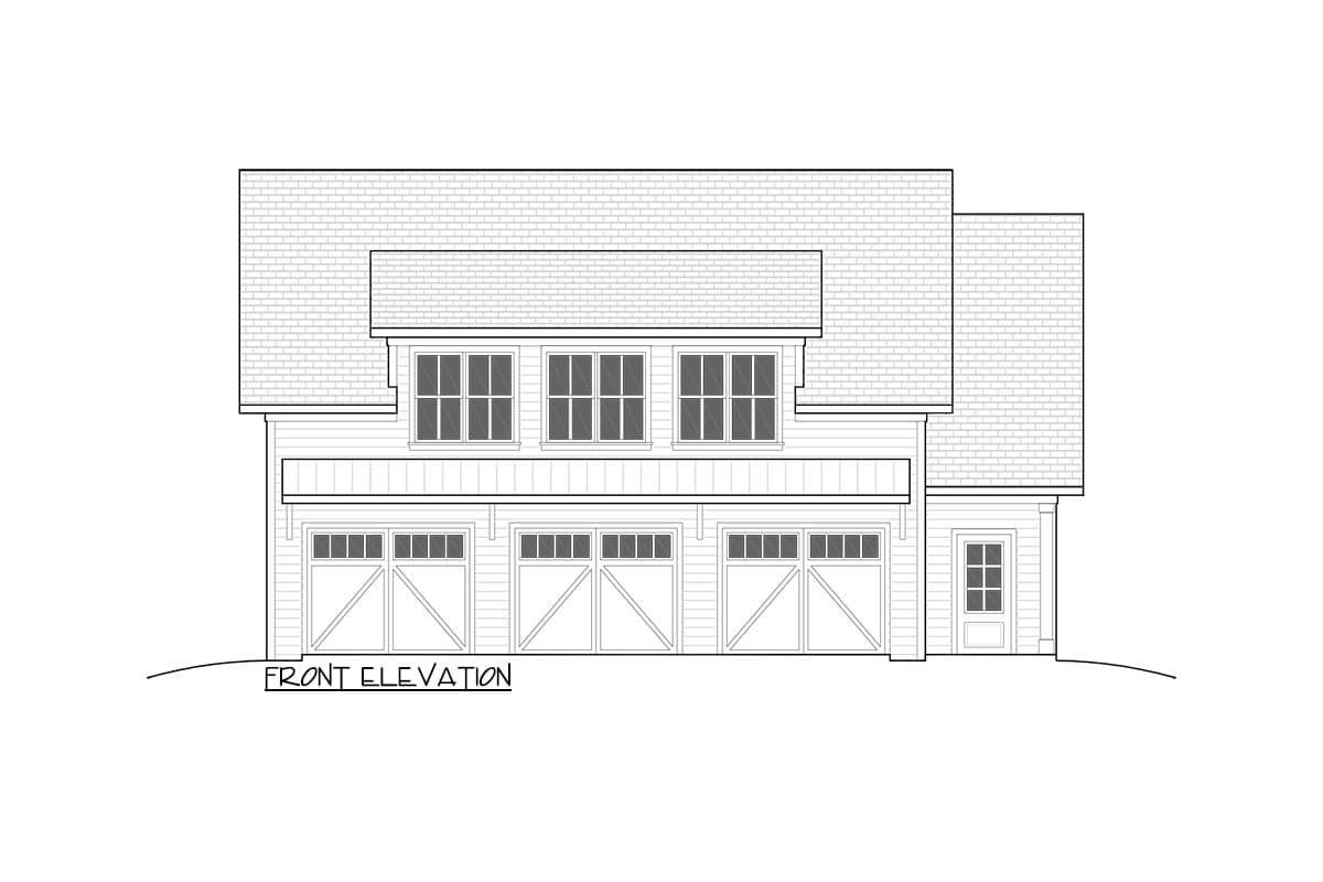 Front elevation drawing of a house plan with a three-car garage, a single door, and multiple windows.