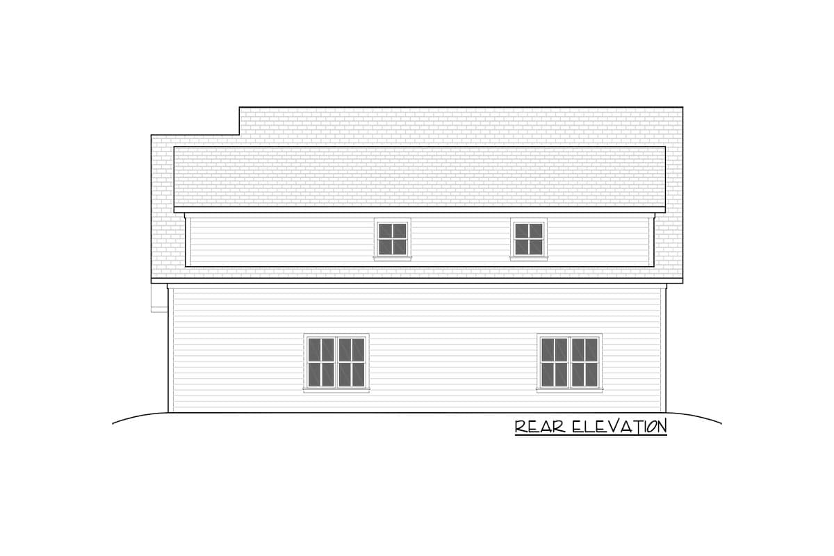 Rear elevation drawing of a house plan with multiple gabled rooflines and four windows on the main level and two on the upper level.